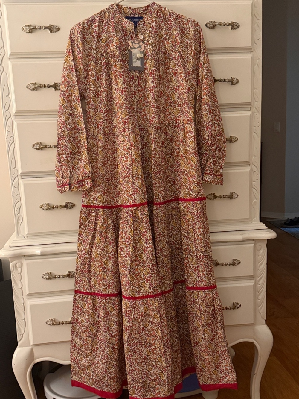 Ro’s Garden Floral Tiered Maxi Dress with Red Trim